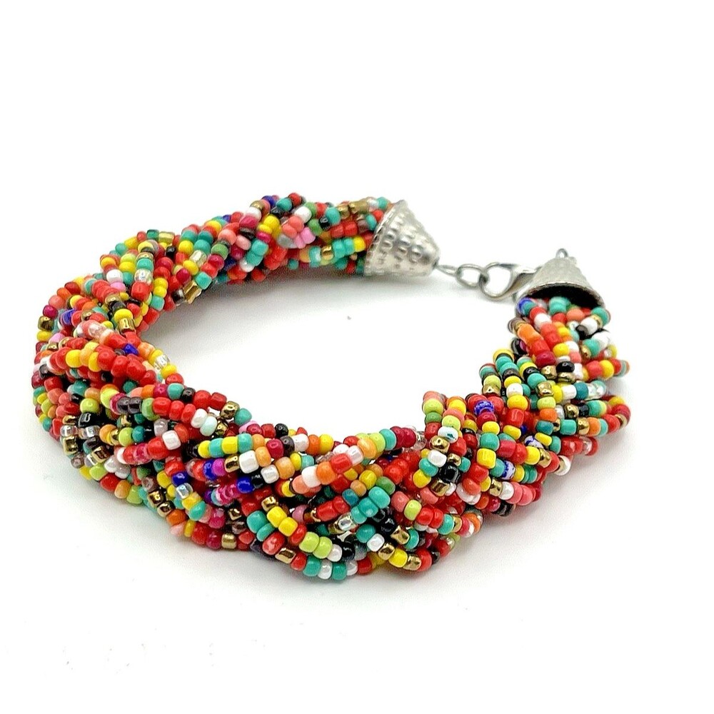 Bracelet Confetti Y2K Glass Seed Bead Boho Braided Handmade Lobster Clasp 8.25"